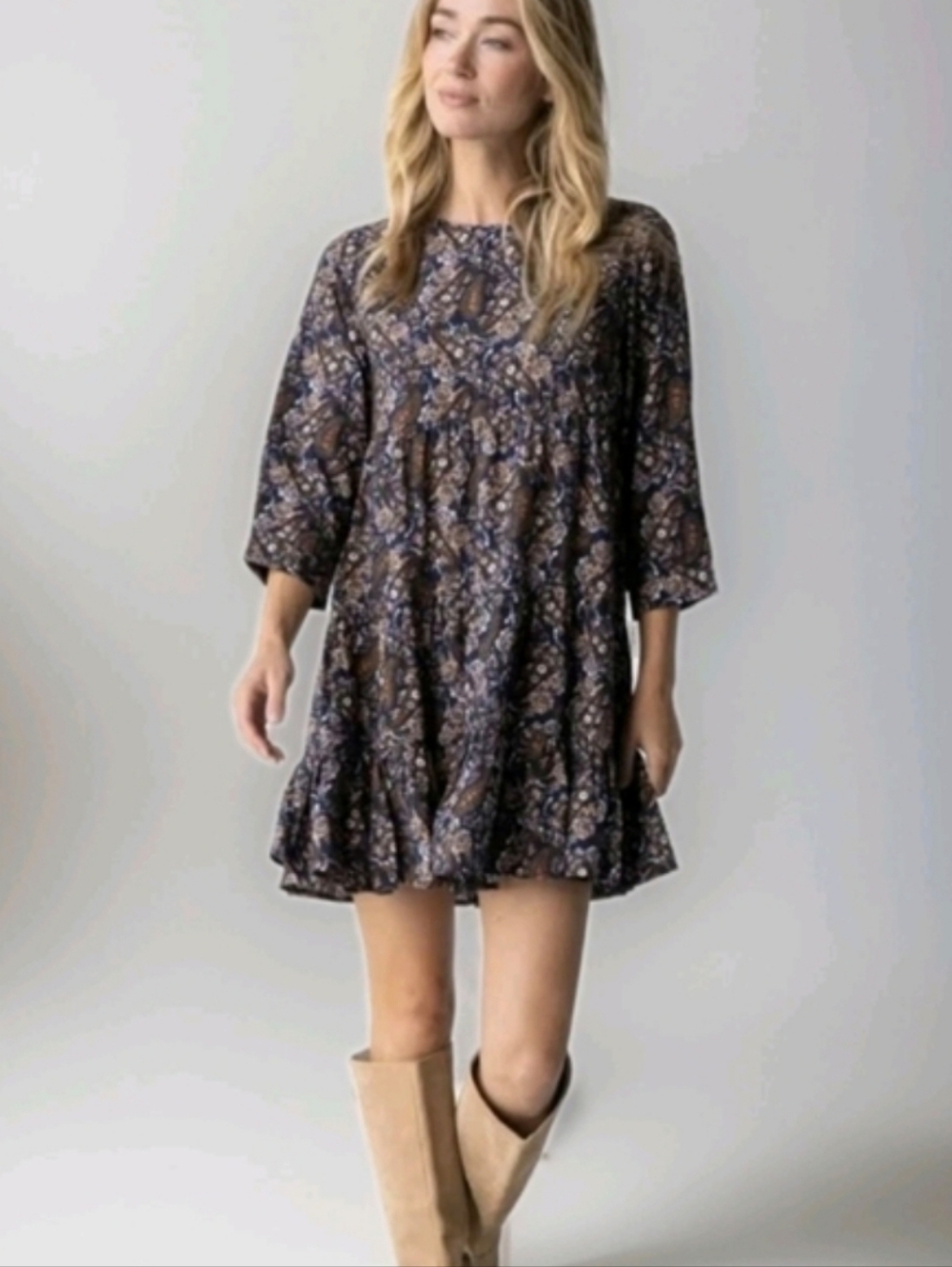 Natural Life Heidi Navy Paisley Tiered Mini Dress Size S Cottagecore Bohemian